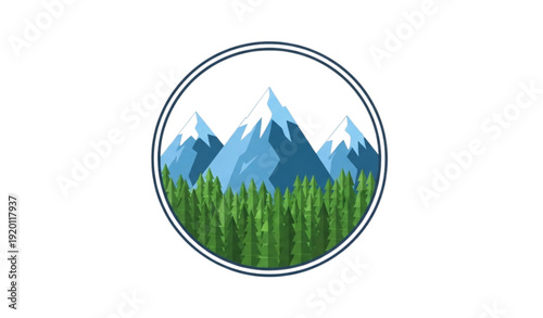 Winter mountain landscape in circular badge with snowy peaks and pine forest isolated on white background for travel logo and sticker design
Keywords (30):
