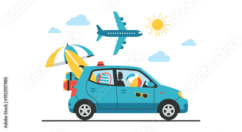 A family embarks on a road trip with a car loaded with luggage and a plane flying above