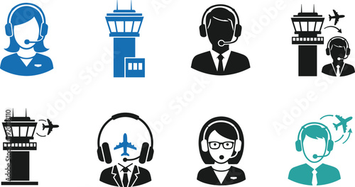 Airport control tower and headset operator icon set. Air traffic controller avatars with airplane symbol. Aviation communication vector illustration collection isolated on white background.