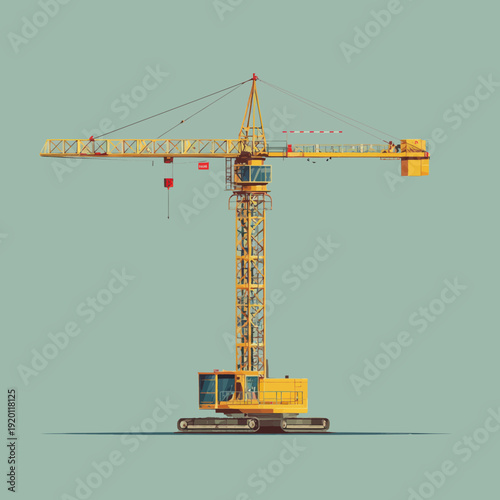 Yellow construction tower crane with tracks