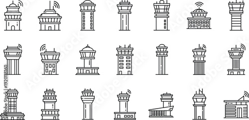 Airport control tower icon set. Modern aviation radar buildings collection. Air traffic management line art vector isolated on white background.