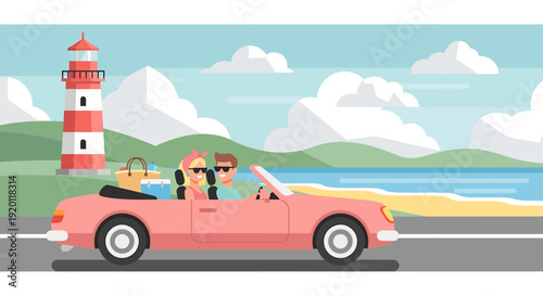 Couple enjoying a scenic drive along the coastal road with a vintage convertible and a picturesque lighthouse