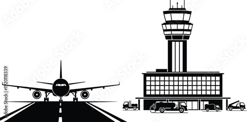 Airport runway with airplane front view and control tower terminal building. Ground service vehicles scene. Aviation transport black silhouette vector illustration isolated on white background.