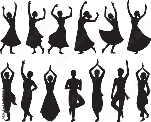 Silhouette collection of Indian dancers performing traditional folk and classical movements