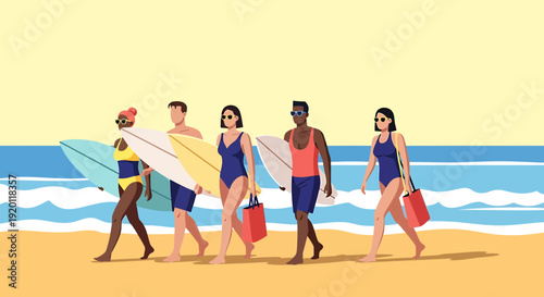 Group of people walking on the beach carrying surfboards and bags, enjoying a sunny day by the ocean, seen from a slight distance