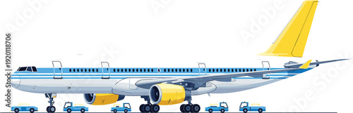 Commercial passenger airplane with airport ground service vehicles. Jet aircraft side view with yellow tail and engines. Aviation transport vector illustration isolated on white background.