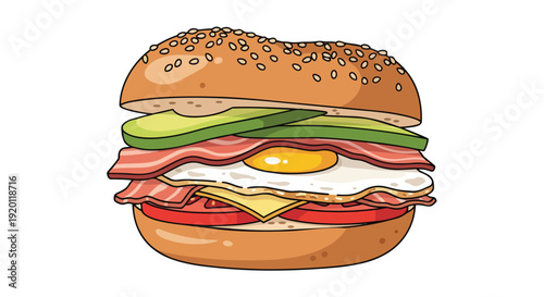 Delicious breakfast bagel with savory bacon, fresh avocado slices, a perfectly fried egg, melted cheese, and ripe tomato layers for a fulfilling meal