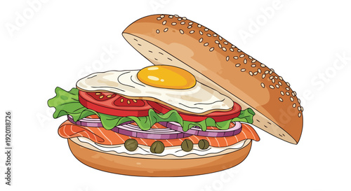 Vibrant illustration of a gourmet breakfast bagel, featuring a fried egg, smoked salmon, fresh vegetables, and capers.