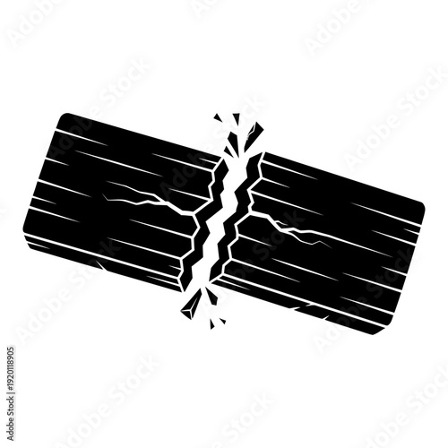 Black and white vector illustration of a broken wooden board with splinters flying off.
