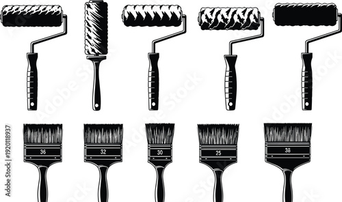 Black and white paint roller and brush silhouettes set, house painting tools collection for renovation, construction, DIY decorating, home improvement concepts isolated on white background