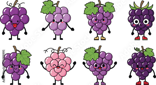 Cute grape cartoon characters vector set. Funny purple fruit mascots with leaves and smiles. Adorable flat illustration collection.