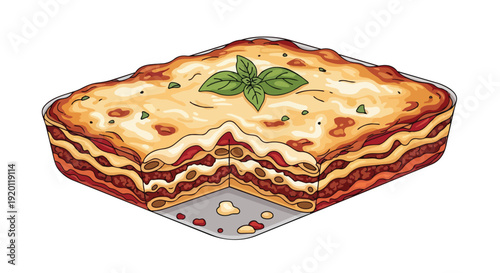 A delicious illustration of classic baked Italian lasagna featuring golden cheesy top layers of pasta meat sauce and creamy béchamel garnishment