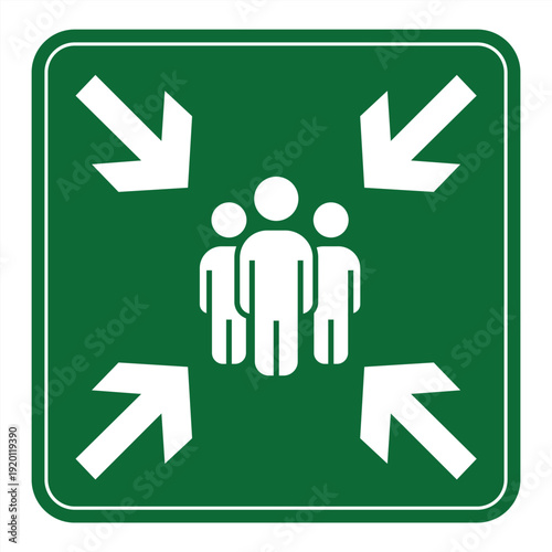 Green assembly point sign icon with white arrow and image. Vector illustration