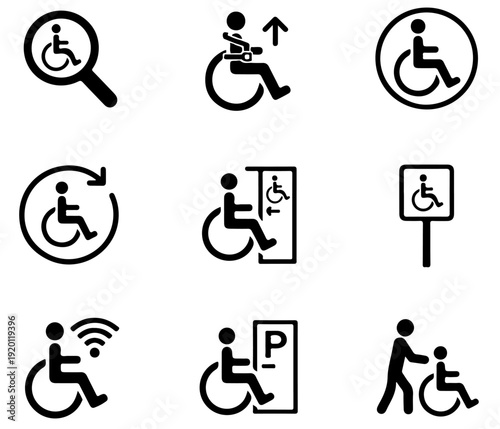 Black wheelchair icon vector illustration for accessibility, disability support, handicap signage, ADA compliance, healthcare, hospital, transport, and parking
