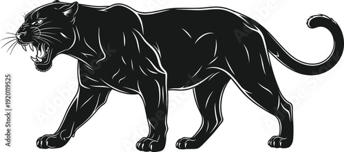 Black panther silhouette illustration in aggressive walking pose, powerful wild big cat predator concept, strength, danger, jungle wildlife, isolated vector design