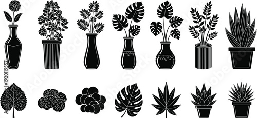 Black potted houseplant silhouettes collection featuring decorative indoor plants, modern botanical icons, minimalist vector illustration set isolated on white background for home decor design