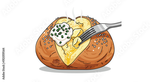 A delightful illustration of a freshly baked potato, steaming hot, topped with creamy chive garnish and butter, ready to eat.