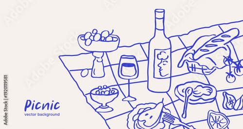 Picnic food and drink, outline doodle sketch drawing. Wine bottle, wineglass, baguette, banner card design in retro dolce vita style. Italian summer outdoor meal on blanket. Flat vector illustration