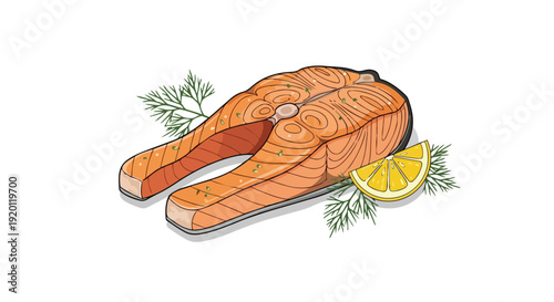 Fresh salmon steak illustration with lemon and dill, perfect for healthy recipe designs.