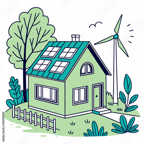 Eco-friendly house with solar panels and wind turbine vector illustration