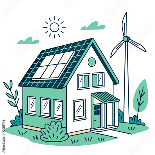 Eco-friendly house with solar panels and wind turbine vector illustration