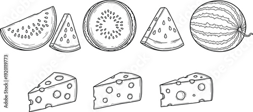 Hand drawn watermelon and cheese sketch set. Vintage engraved fruit and dairy illustration collection. Black and white outline vector for menu, packaging and label design.