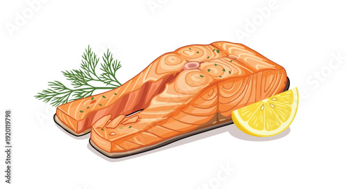 Vibrant salmon fillets with fresh dill and zesty lemon wedge illustration showcasing healthy culinary delight