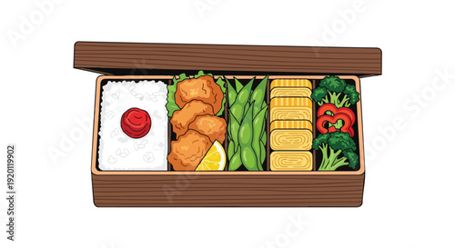 A vibrant illustration of a traditional Japanese bento box, meticulously prepared with a diverse and balanced assortment of healthy and delicious