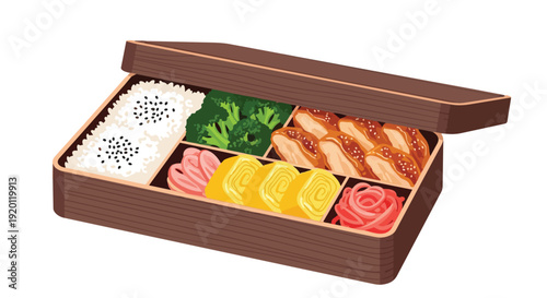 A beautifully arranged traditional Japanese bento box filled with a balanced meal of rice, protein, vegetables, and savory sides for a delightful