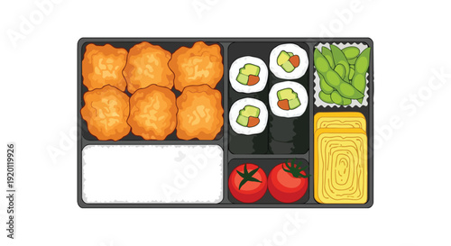 A delightful assortment of popular Japanese lunch items neatly arranged in a classic bento box for a balanced meal