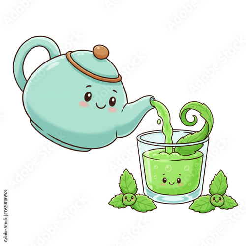 Green tea pot and teapot with tea beside a green tea cup in a flat design featuring a hot kettle and beverage mug set for a cafe breakfast