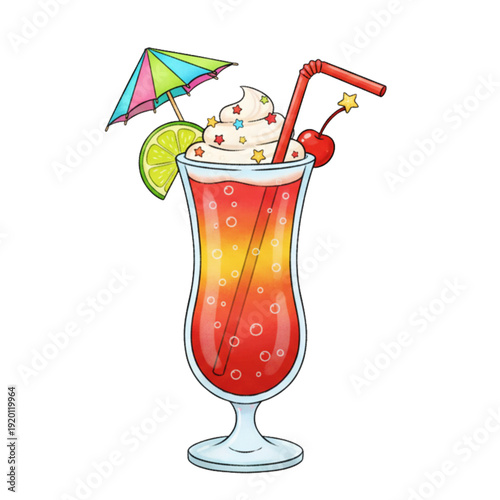 A fresh cold tropical cocktail in a glass with ice, straw, and lemon slice for a cool summer refreshment