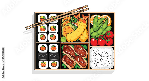 Diverse Japanese Bento Box featuring sushi, tempura, rice, and fresh vegetables for a complete meal experience.