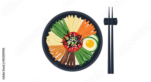 Vibrant Korean Mixed Rice Bowl Illustration with Chopsticks representing healthy asian cuisine and diverse ingredients served in a dark bowl with