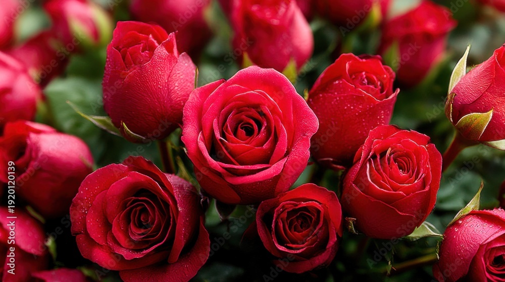 Obraz premium Beautiful bouquet of fresh red roses with dew drops in a garden setting during spring morning light