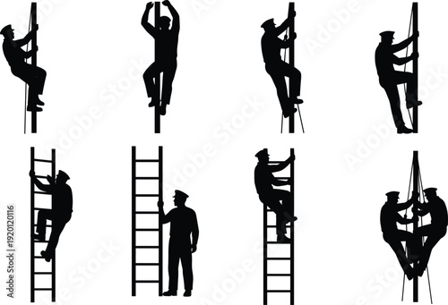 Silhouette firefighters climbing ladders set showing rescue teamwork emergency response safety training occupations isolated on white background illustration collection profession action icons graphic