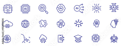 Artificial intelligence outline icons: AI neural brain, data algorithms, generative automation, cloud networks, circuits, collaboration, devices—clean technology vector, editable stroke