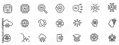 Artificial intelligence outline icons: AI neural brain, data algorithms, generative automation, cloud networks, circuits, collaboration, devices—clean technology vector, editable stroke