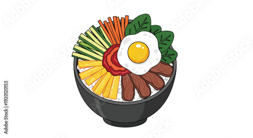 Vibrant Korean Bibimbap Bowl with Fresh Vegetables and Fried Egg Cartoon Illustration