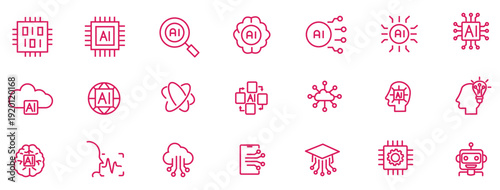 Artificial intelligence outline icons: AI neural brain, data algorithms, generative automation, cloud networks, circuits, collaboration, devices—clean technology vector, editable stroke