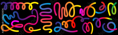 Set of color gradient line shapes. Abstract pattern background with colorful wave shapes. Gradient swirl vector ribbons. Fluid squiggly dynamic wavy elements with rainbow flow for design banner flyer