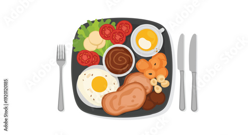 A vibrant flat design illustration of a complete breakfast plate featuring a fried egg, savory meats, fresh salad, baked beans, fried sides, and a