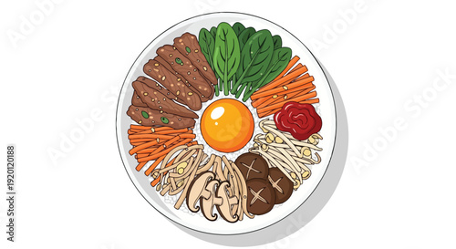 an authentic traditional nutritious wholesome Korean bibimbap meal with vibrant vegetables savory meat and a central egg yolk presented on white rice