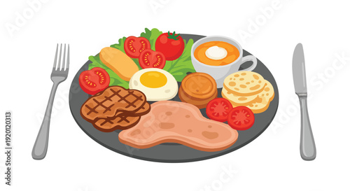 A complete breakfast plate illustration with grilled meats fried egg fresh vegetables soup and various breads all neatly presented for a wholesome