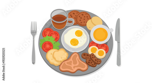 Vibrant vector art of a classic hearty breakfast, featuring eggs, meats, fresh sides, and beverages This image truly captures a wholesome meal for a