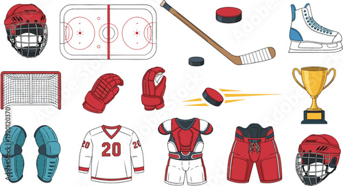 Ice Hockey Equipment Vector Set with Helmet, Stick, Puck, Skates, Jersey, Gloves, Trophy, and Rink Elements for Winter Sports Design