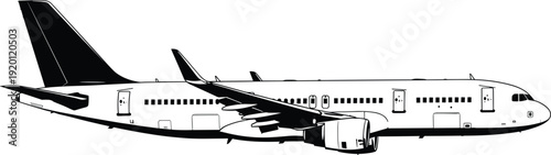 Commercial passenger airplane silhouette in side view, modern jet aircraft illustration for aviation, travel, transportation, airline industry concepts, isolated black and white vector design