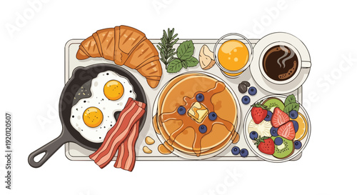 A delightful and varied morning meal featuring classic breakfast components beautifully presented on a tray, perfect for a cozy start to any day