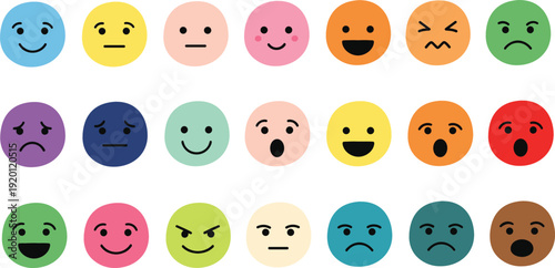Colorful Emoji Face Vector Set with Happy, Sad, Angry, Surprised, and Funny Emoticon Expressions for Chat, Social Media, and Messaging Design