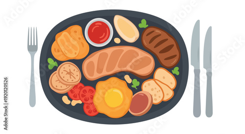 Colorful illustration of a complete breakfast plate with egg sausage bacon toast and vegetables perfect for culinary design